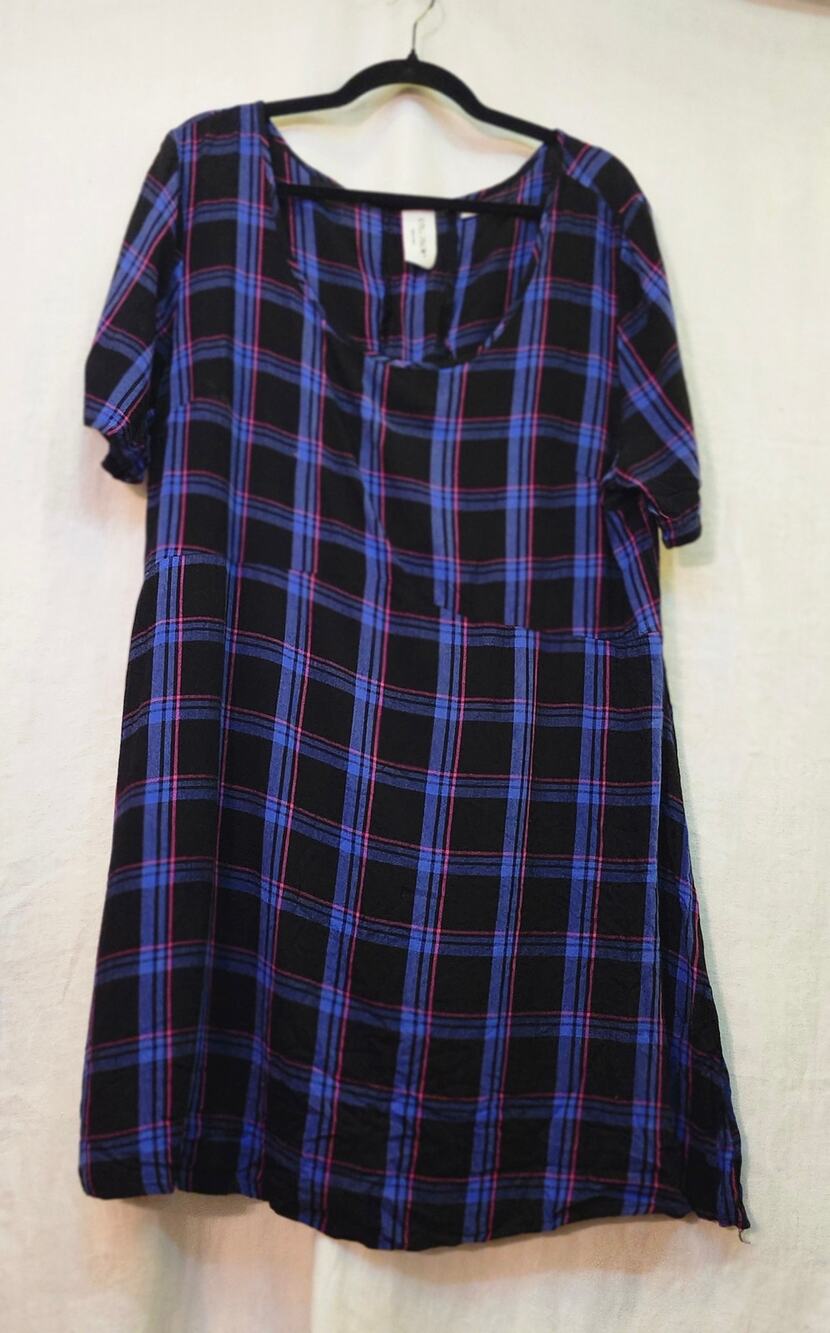Plaid SZ 14 Shift Dress Gauze Short Sleeve Corset Back Ties Scoop Neck Relaxed